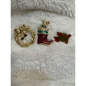 Vtg Gerry's Dog Stocking Christmas Enamel Gold Tone Pin‎ Brooch Wreath Joy Lot
